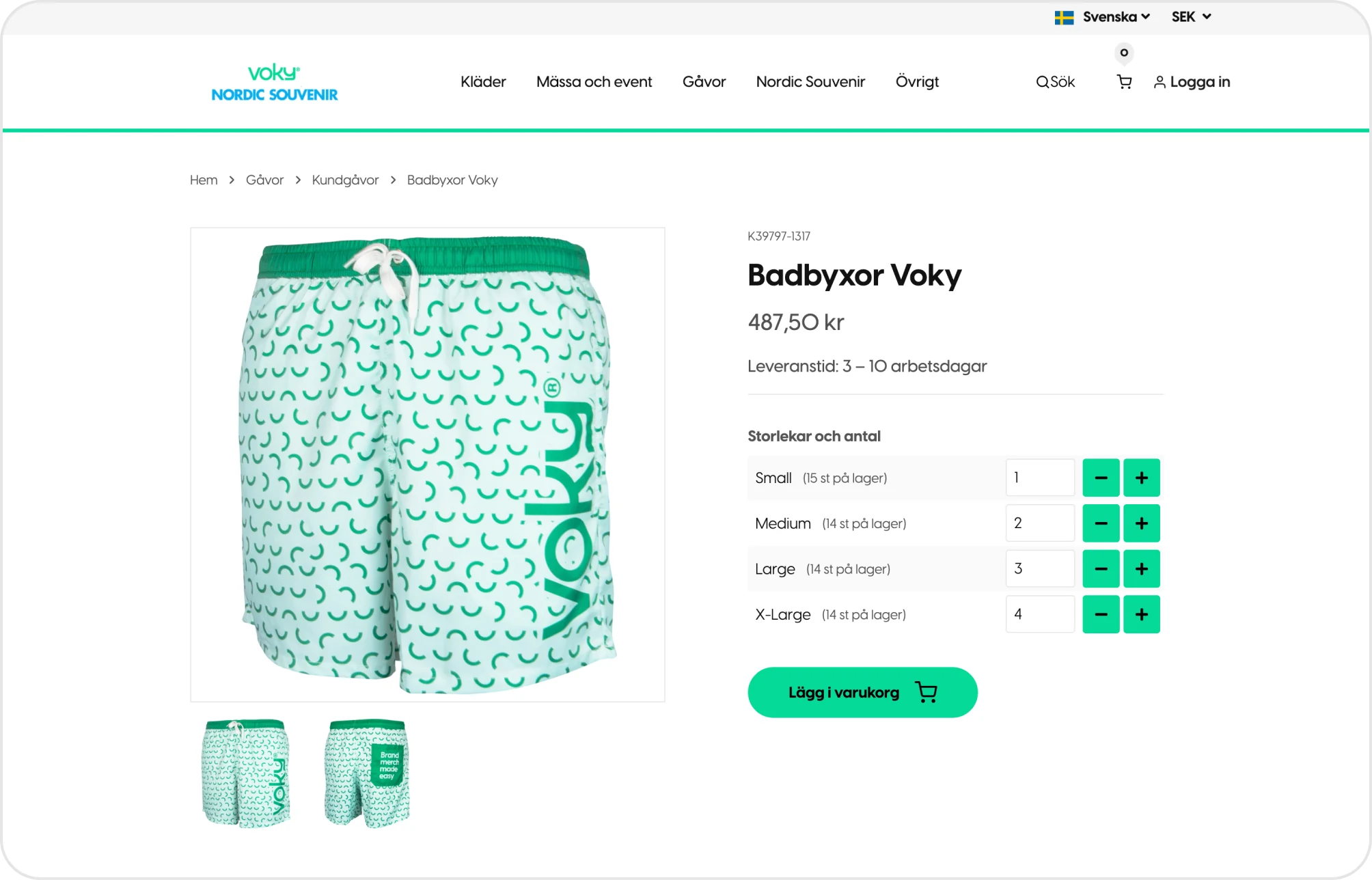 En produktsida som visar lagersaldo per storlek och beräknad leveranstid innan beställningen läggs.